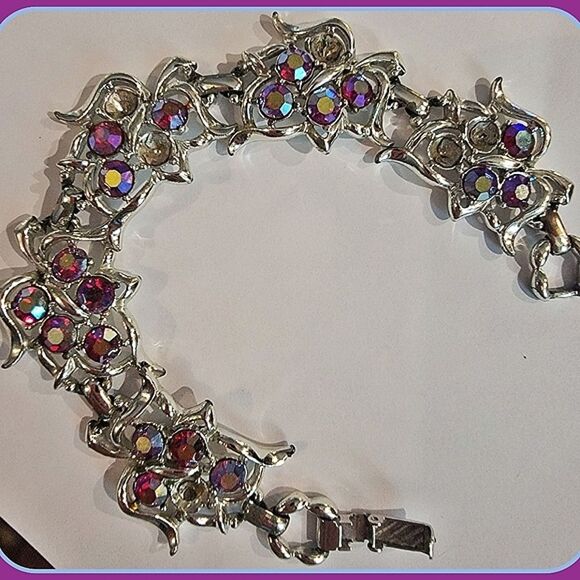 #SarahCoventry #Vintage Pink Red #AB #Rhinestone 8" long 1" Wide #Bracelet - Picture 9 of 12